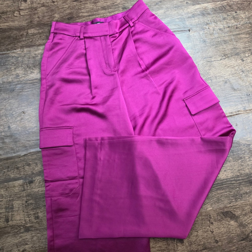 EXPRESS Satin Cargo Pants Womens 4 Magenta Pink High Waisted Wide Leg Trouser
